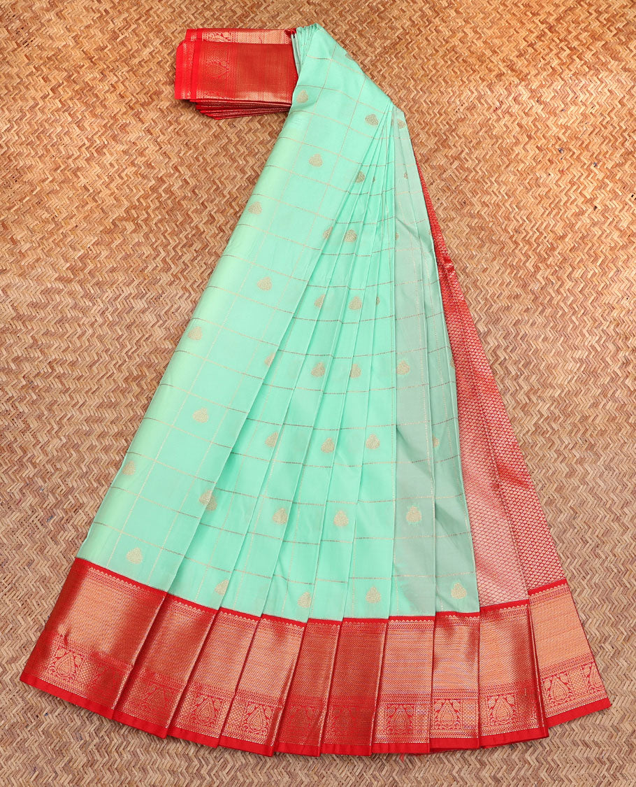 Turquoise Budget Silk Saree, Decked Up with Zari Butta Enclosed Checks, Complemented by a Contrast Traditional Zari Border, Grand Pallu, and a Contrast Blouse