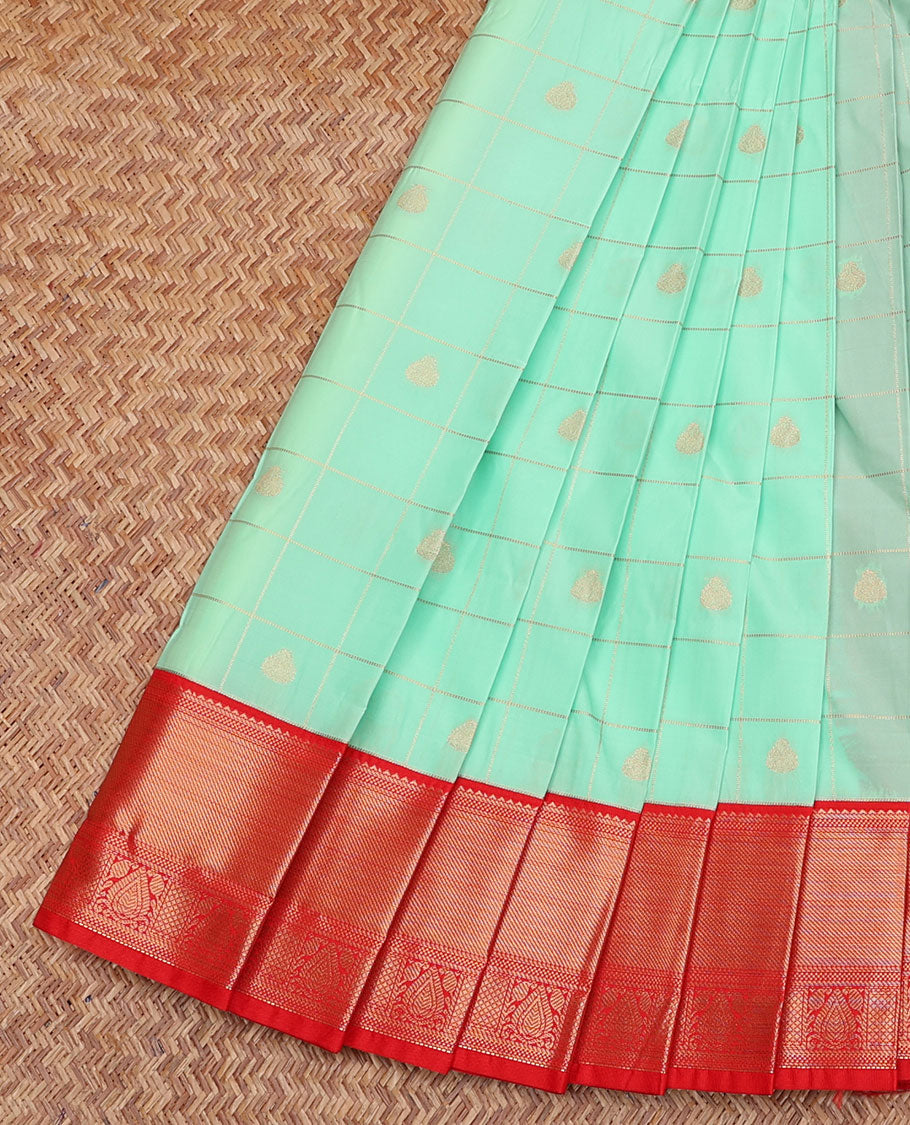 Turquoise Budget Silk Saree, Decked Up with Zari Butta Enclosed Checks, Complemented by a Contrast Traditional Zari Border, Grand Pallu, and a Contrast Blouse