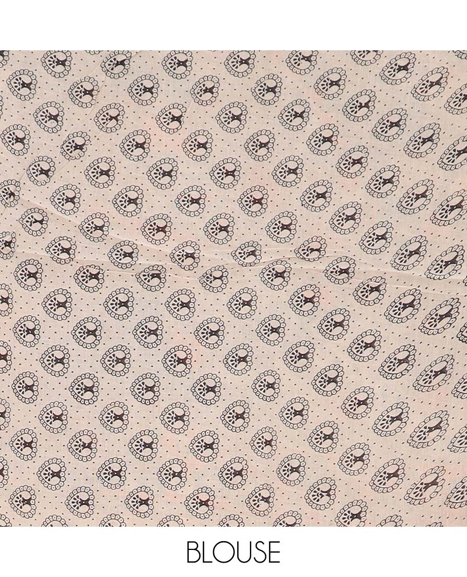 Multi-color flora, fauna, and human motifs machine printed kalamkari cotton saree, contrast peacock border, and pallu of peacock print