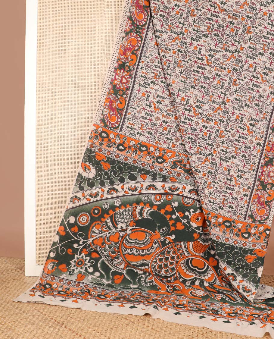 Multi-color flora, fauna, and human motifs machine printed kalamkari cotton saree, contrast peacock border, and pallu of peacock print