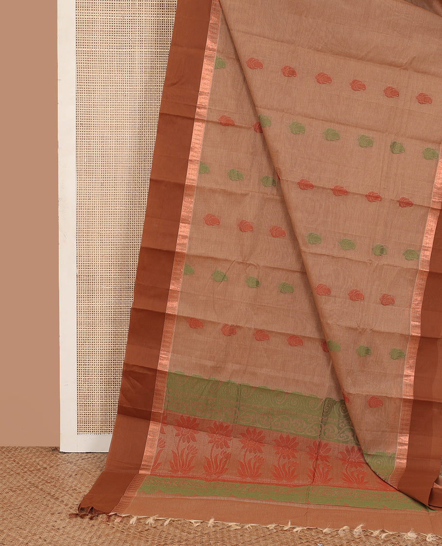 Sandal leaf buttas kanchi cotton saree, contrast zari border, and pallu of floral design