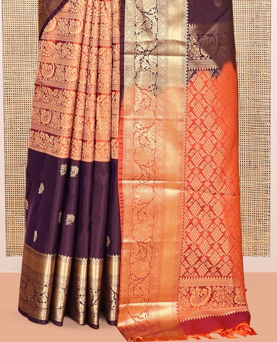 Rust Half-And-Half Budget Silk Saree Features Jacquard, Traditional Border, Grand Pallu, Contrast Blouse