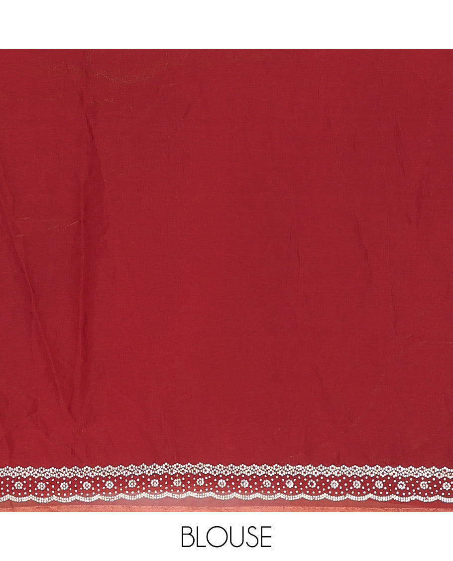 Maroon shibori-style print & crystal stone diagonal vines embroidered designer saree, self-scallop stone embroidered border