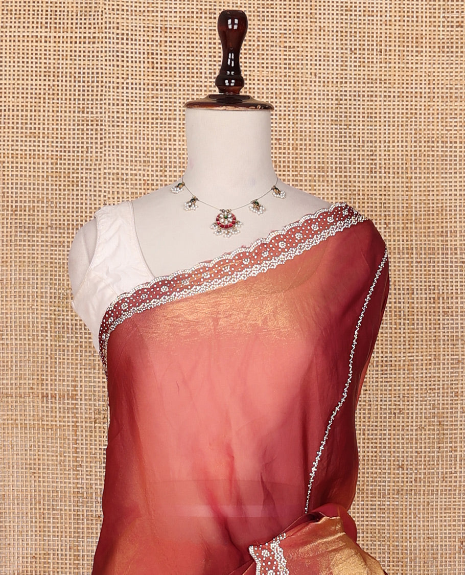 Maroon shibori-style print & crystal stone diagonal vines embroidered designer saree, self-scallop stone embroidered border