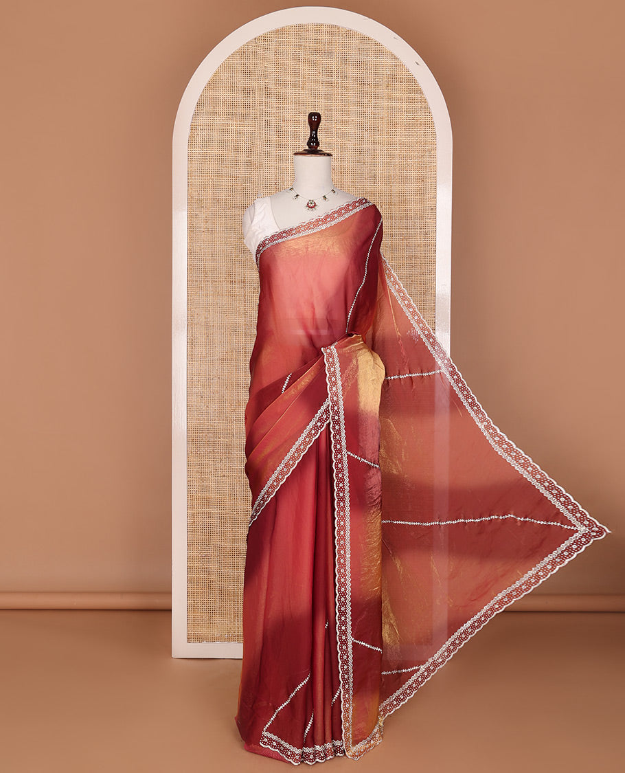 Maroon shibori-style print & crystal stone diagonal vines embroidered designer saree, self-scallop stone embroidered border