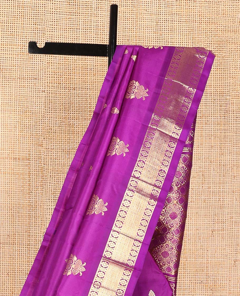 Purple buttas kancheepuram silk saree with contrast zari design border & floral design pallu