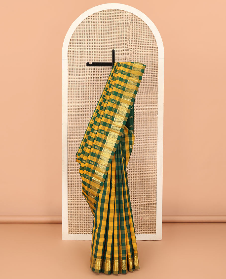 Multi-color checked and zari buttas Kanchipuram silk saree, one-sided border of thilakam mokku, and jaal designs, and zari design pallu