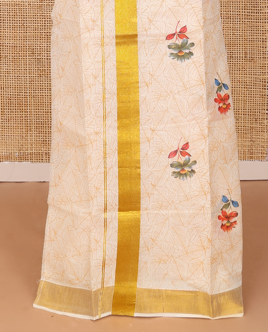 Cream all-over leafy and colorful floral motifs printed Kerala mundu set with zari border