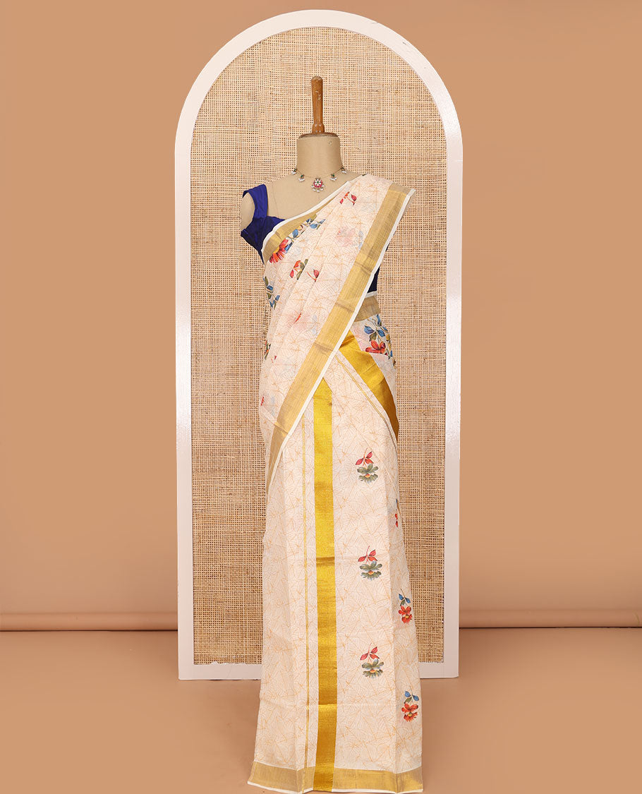 Cream all-over leafy and colorful floral motifs printed Kerala mundu set with zari border