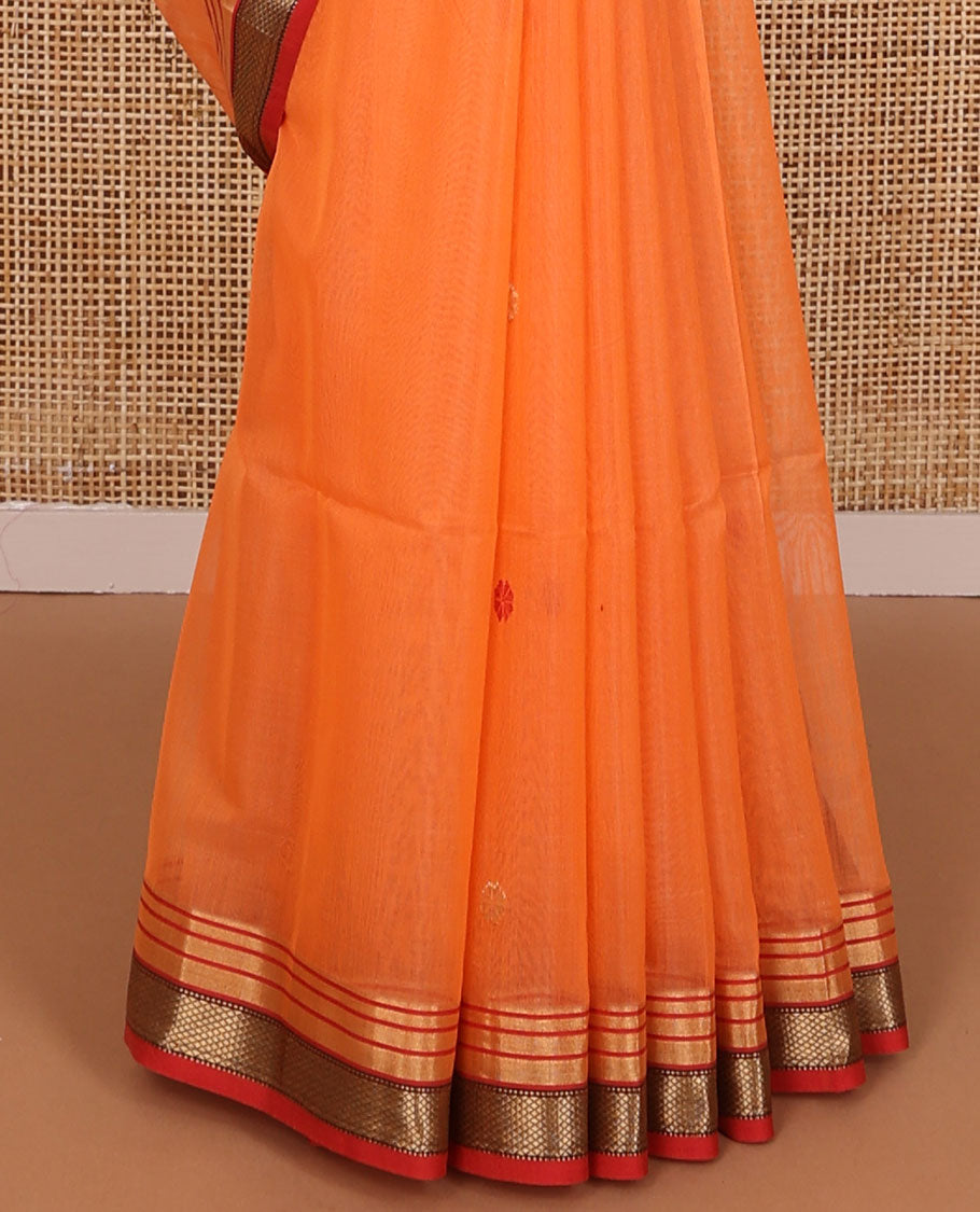 Orange floral motifs maheshwari cotton saree with contrast zari border & striped pallu