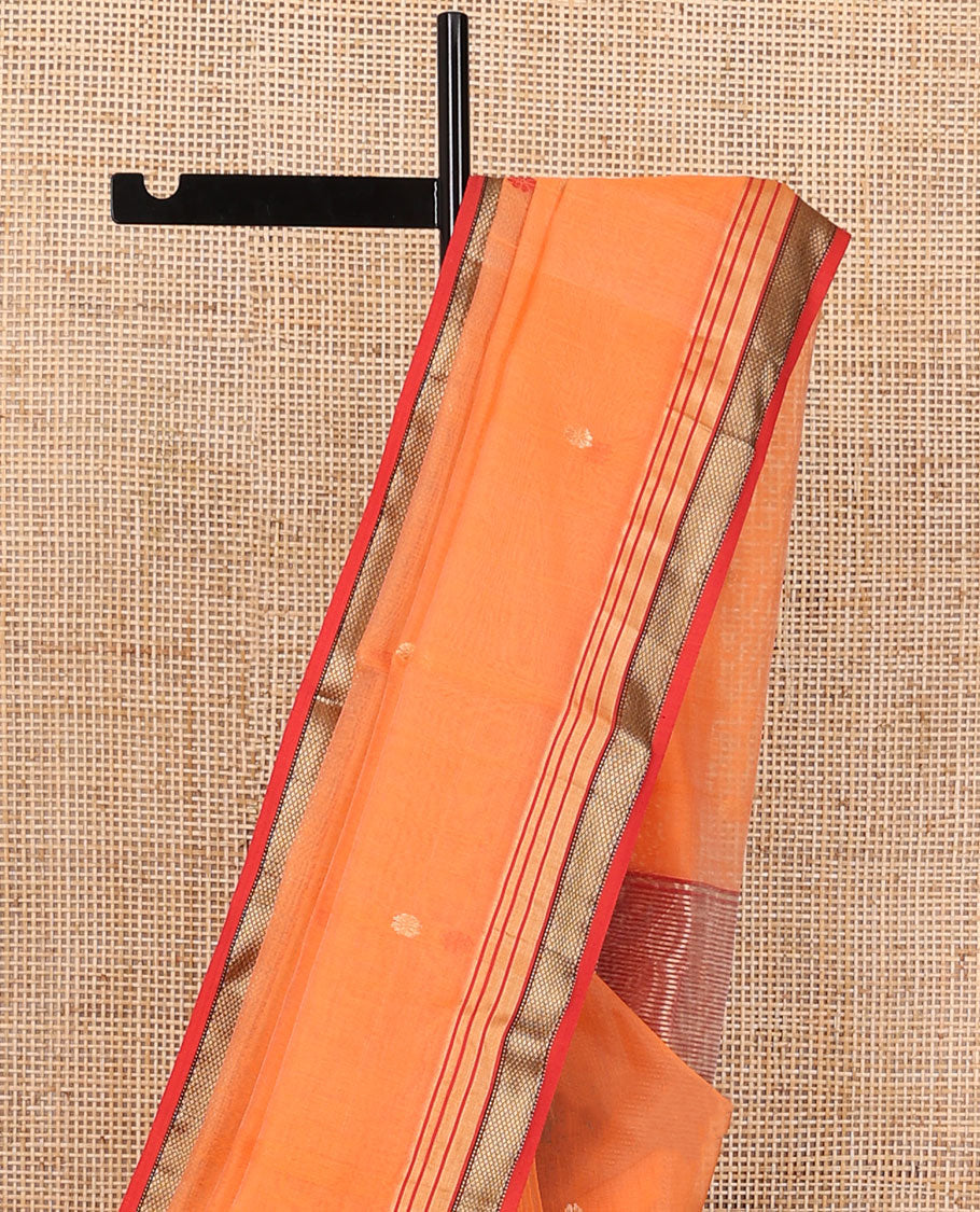 Orange floral motifs maheshwari cotton saree with contrast zari border & striped pallu