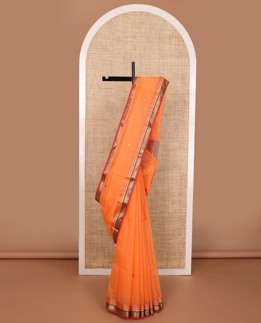 Orange floral motifs maheshwari cotton saree with contrast zari border & striped pallu