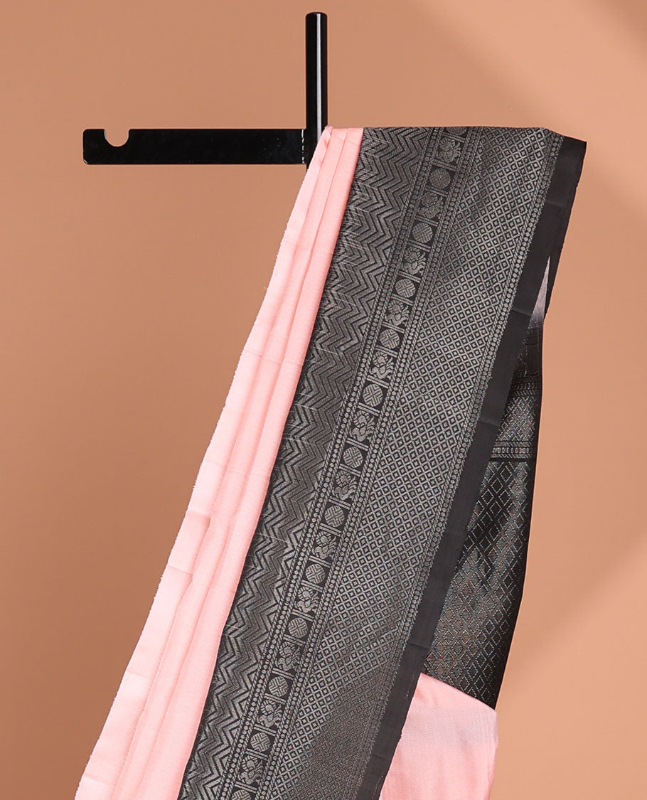 Pink Mayur soft silk saree with contrast zari design border & argyle pattern pallu
