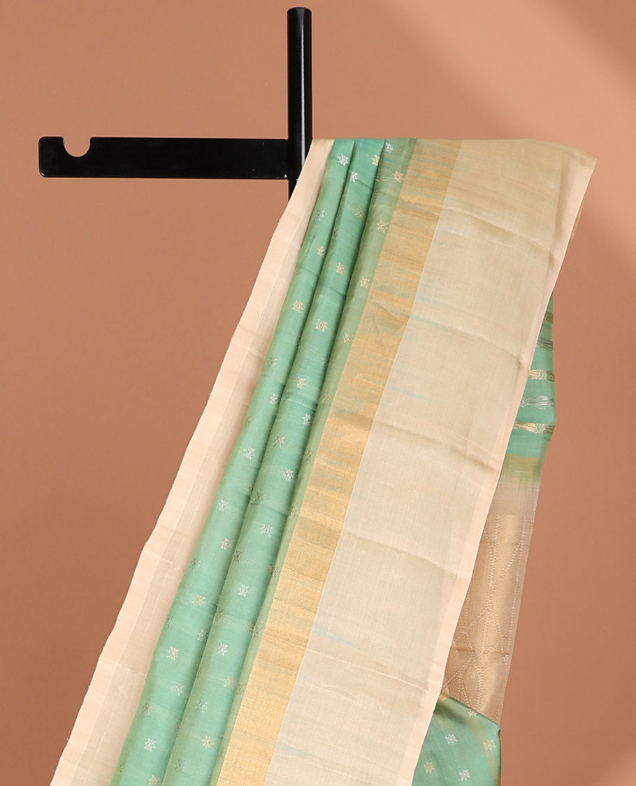 Green small buttas soft silk saree with contrast intricate zari border & geometric zari design pallu