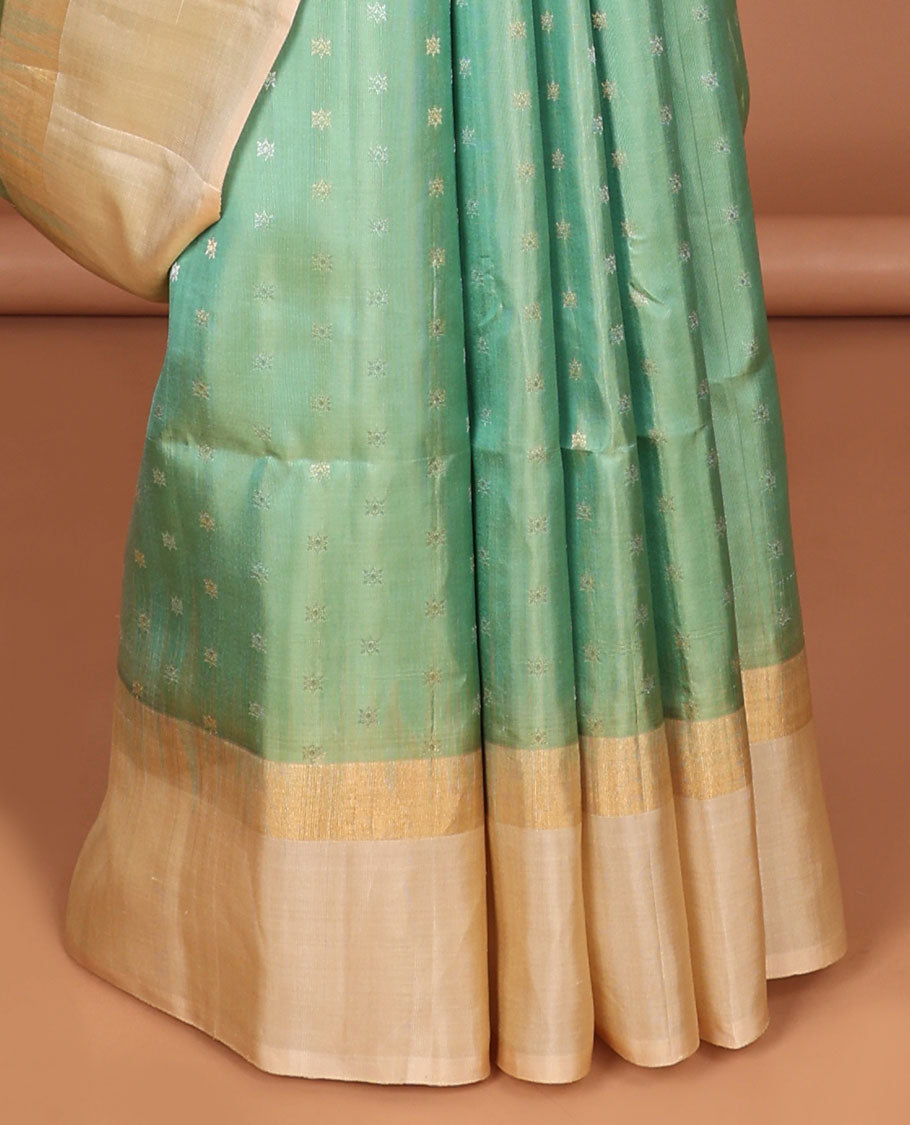 Green small buttas soft silk saree with contrast intricate zari border & geometric zari design pallu