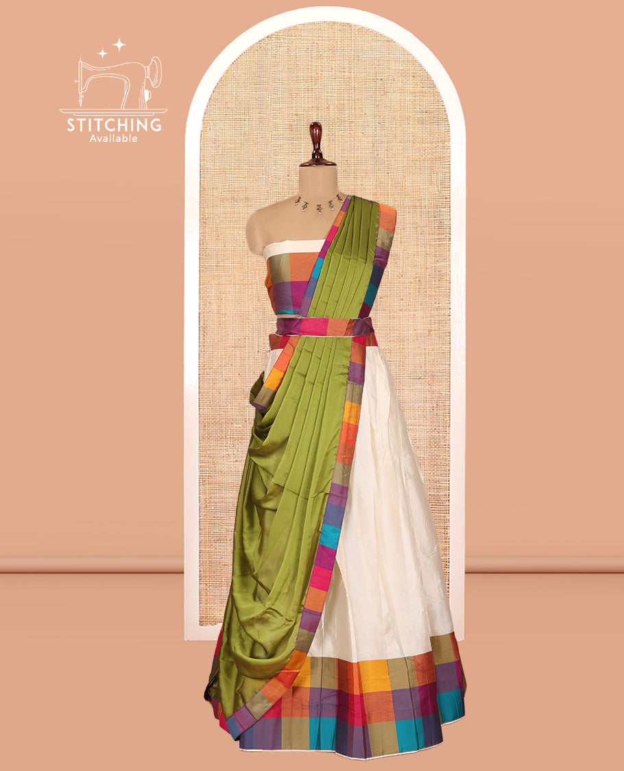 Cream-Mehendi Green Semi- Silk Plain Half-Saree, Contrast Madras Checked Border, Matching Blouse and a Contrast Syska Georgette Dhavani