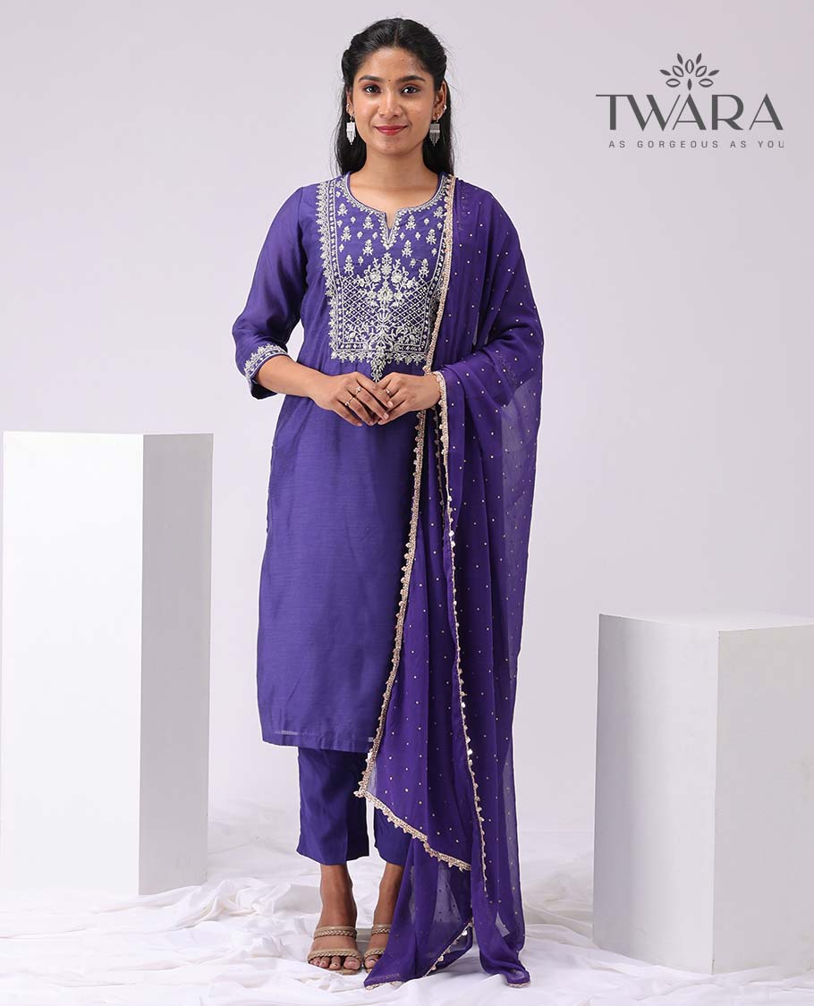 Twara Blue floral embroidery round neck, 3/4th sleeve, below knee lenght kurti with straight pants & embroidered dupatta