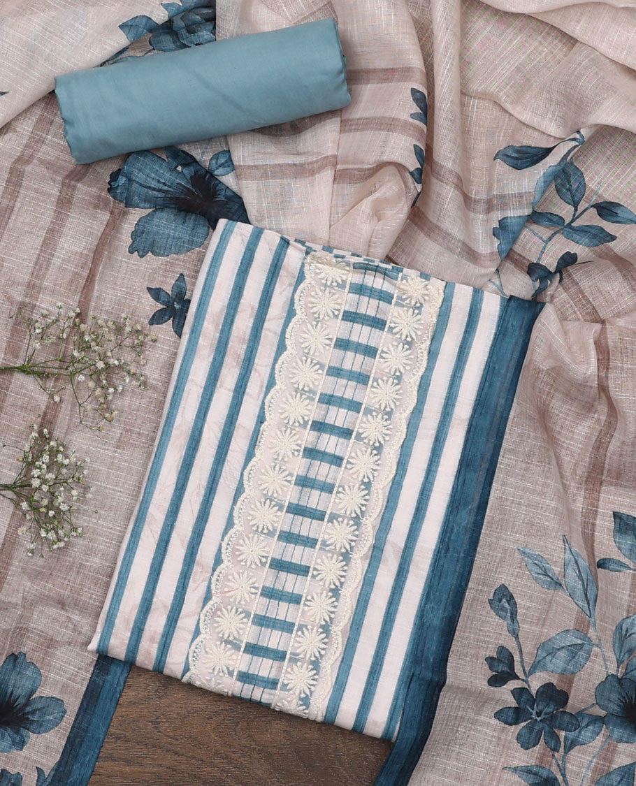 Blue material chudidar set, striped and neck work top, plain bottom, and floral printed dupatta