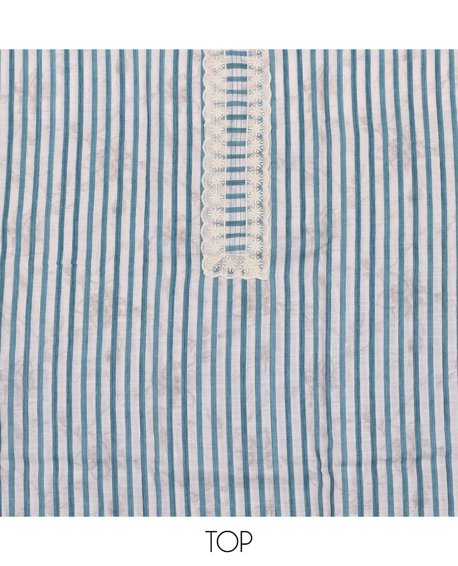 Blue material chudidar set, striped and neck work top, plain bottom, and floral printed dupatta