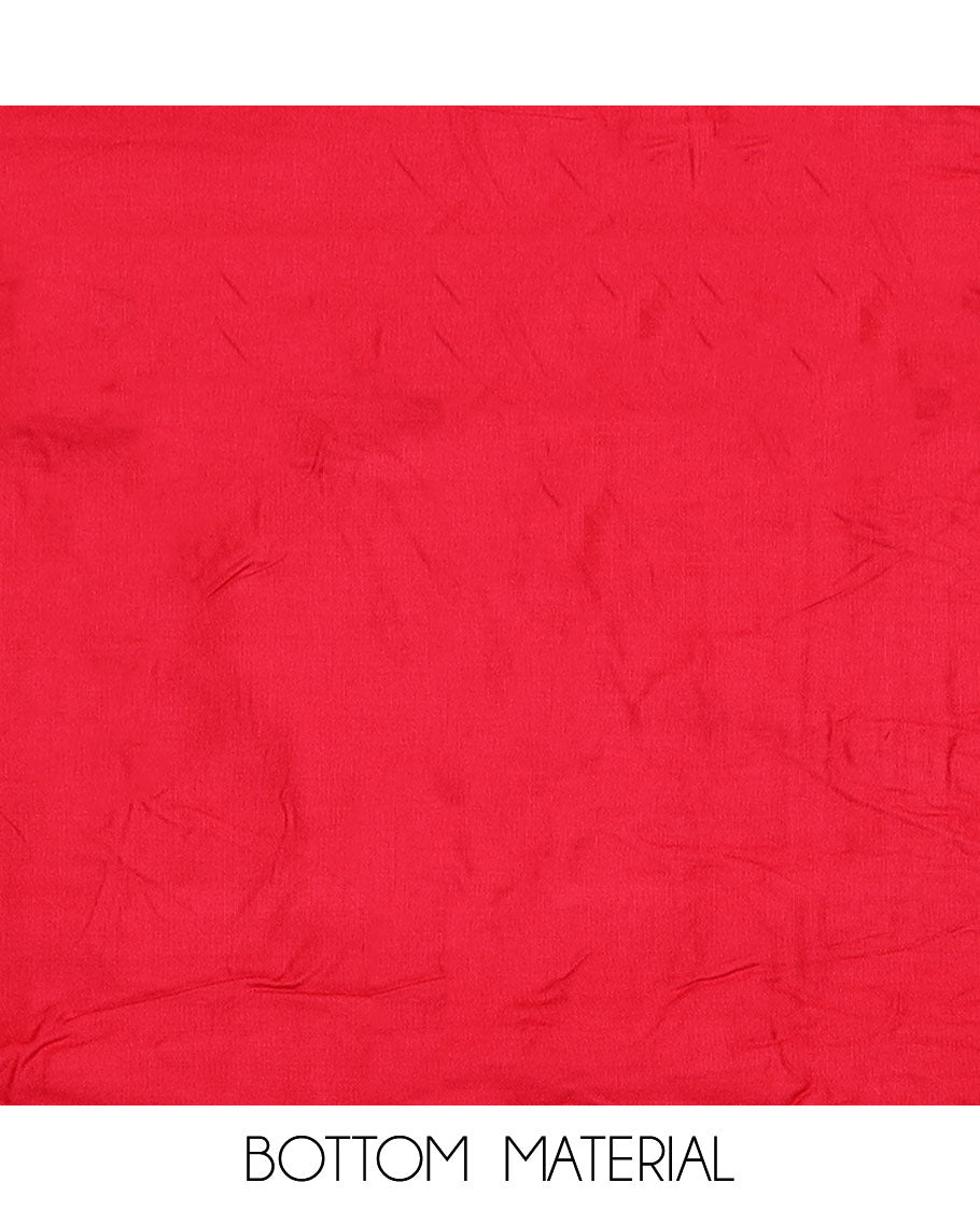 Black material churidar set, neck embroidered top, contrast plain bottom, and a contrast dupatta of bandhani dots, and chakram motifs