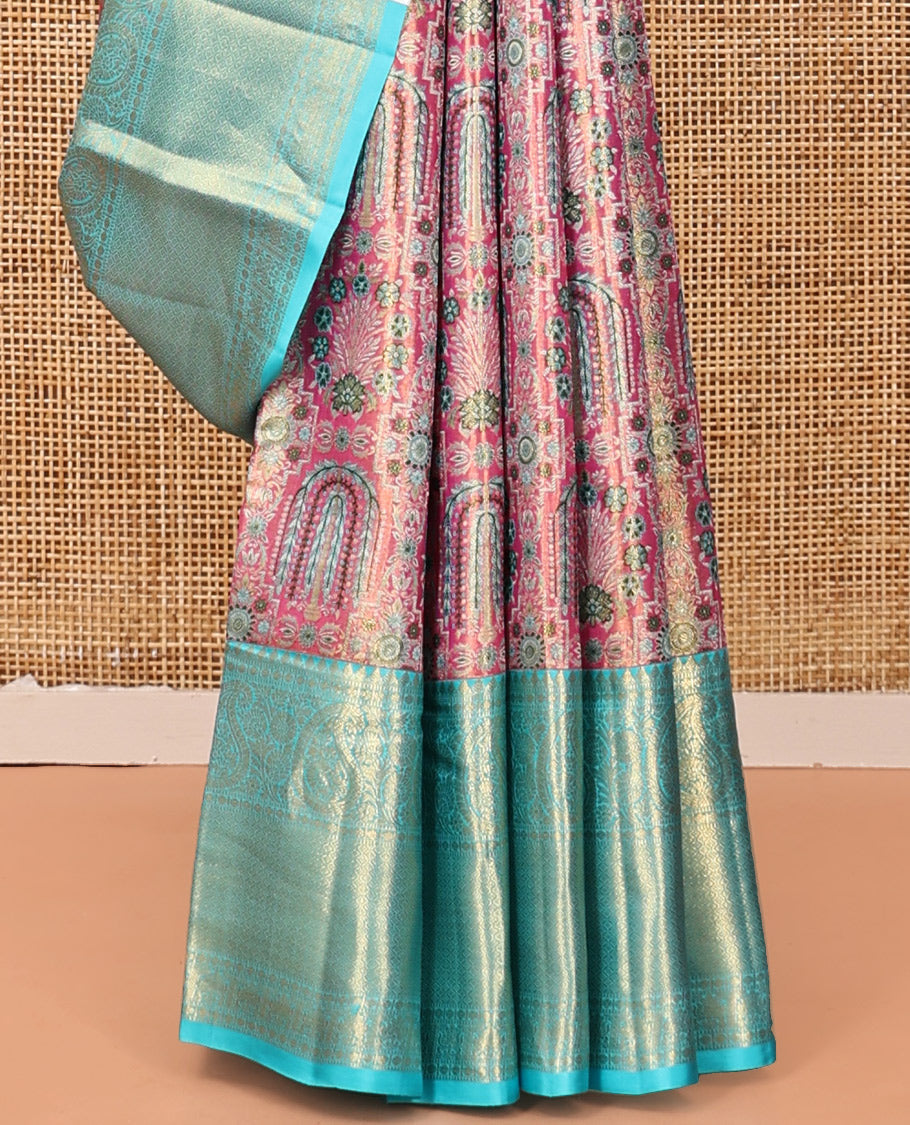 Pink Meenakari Jacquard Kanchipuram Tissue Silk Saree, a Contrast Border of Thilakam, Muthu, Poun, Arumbu Manga, and Jaal Design, Grand Pallu, and a Contrast Blouse