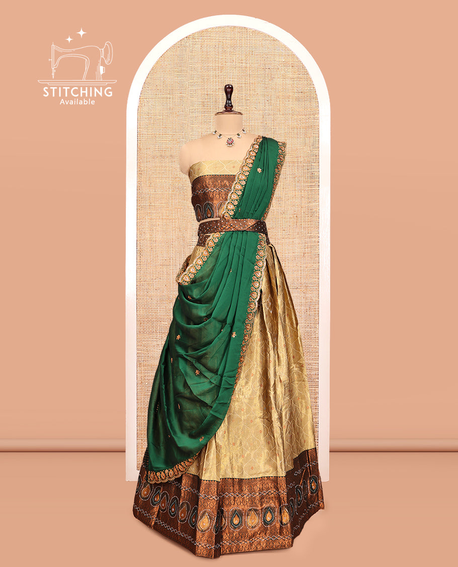 Gold-Green Banarasi Half-Saree, Bedecked with Butta Enclosed Ogee Design, a Contrast Traditional Zari Stone Work Border, a Matching Blouse, and a Contrast Embroidered Dhavani
