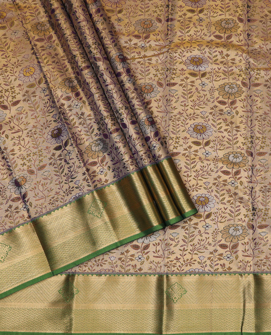 Sandal art silk pavadai material set, floral meenakari jacquard pavadai, contrast green blouse & traditional zari border