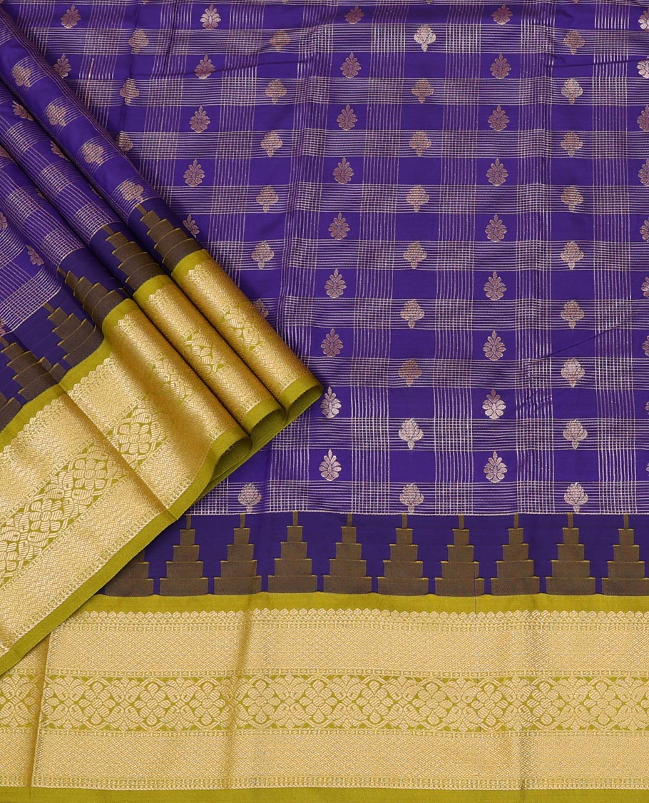 Blue Art Silk Pavadai Material Set, Bedecked with Zari Buttas Skirt, Complemented by a Contrast Temple Traditional Zari Design Border, and Paired with a Contrast Blouse