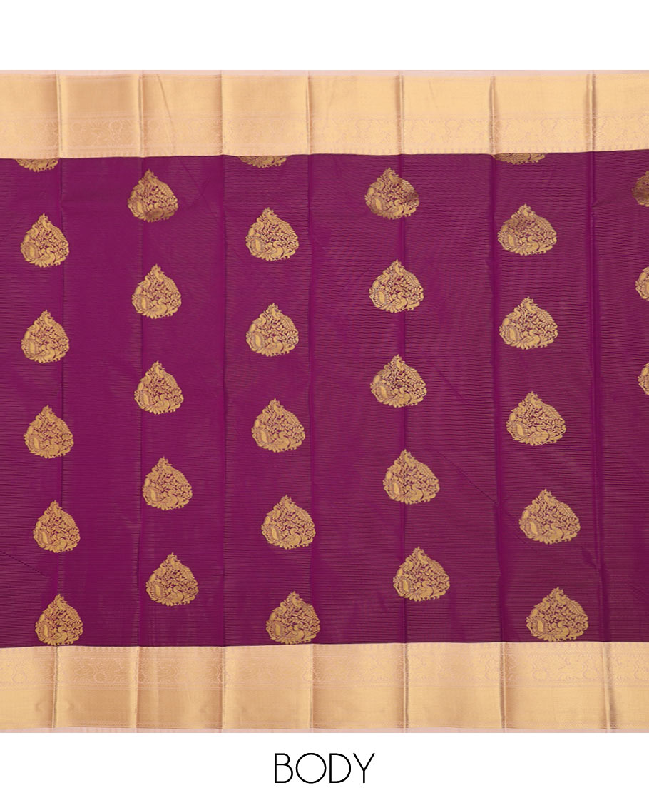 Purple zari buttas and striped gift saree, contraast traditional zari border, and pallu of jaal pallu
