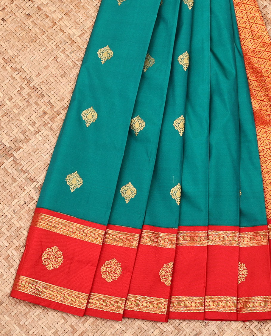 Green Budget Silk Saree, Enriched with Zari Buttas All Over Its Body, Complemented by a Contrast Traditional Zari Design Border, Grand Jaal Pallu, and Paired with a Contrast Blouse