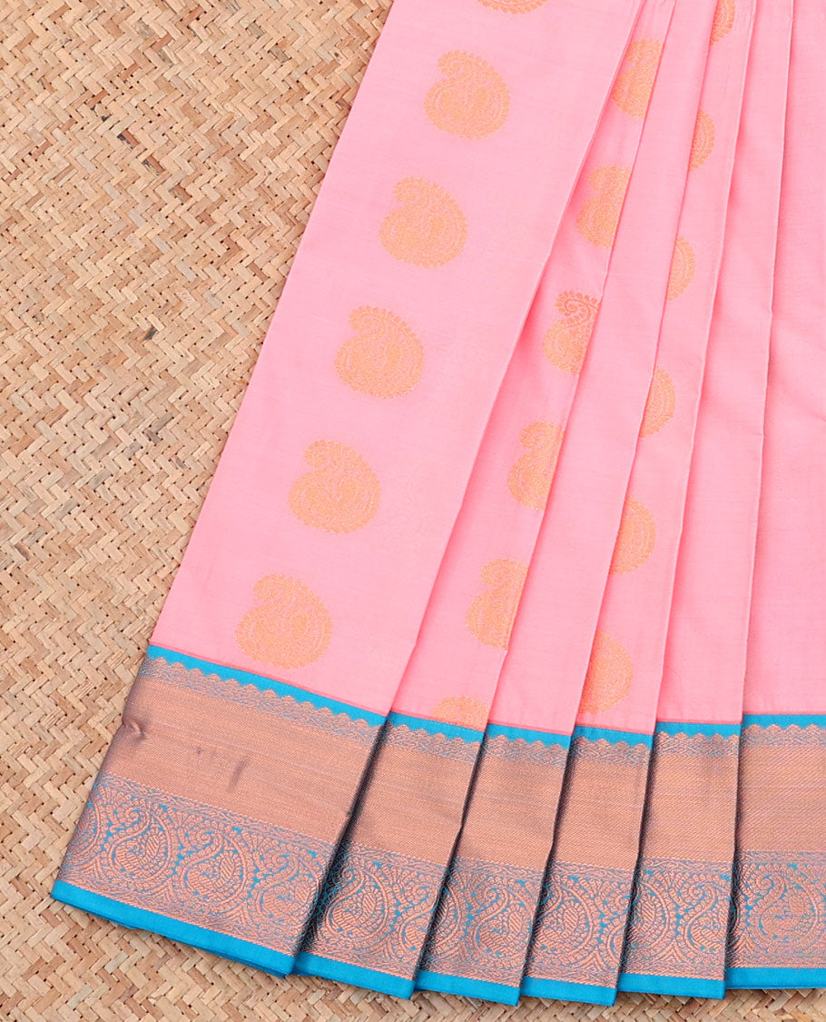 Pink Budget Silk Saree, Elevated with Paisley Zari Buttas on Its Body, Complemented by a Contrast Traditional Zari Design Border, Intricately Designed Pallu, and Paired with a Contrast Blouse