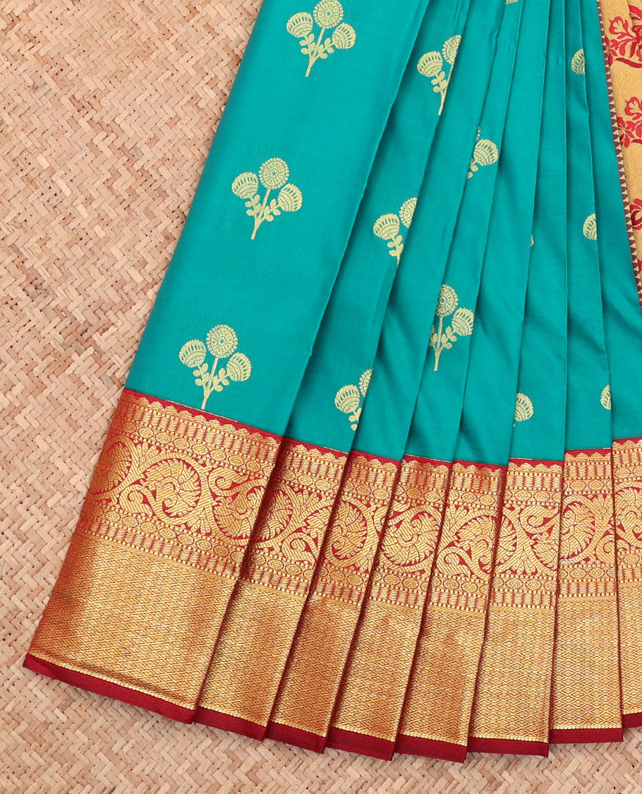 Green Budget Silk Saree, Decorated with Zari Buttas All Over Its Body, Complemented by a Contrast Traditional Zari Border of Floral Creeper Designs, Grand Pallu of Floral Designs, and Paired with a Contrast Blouse