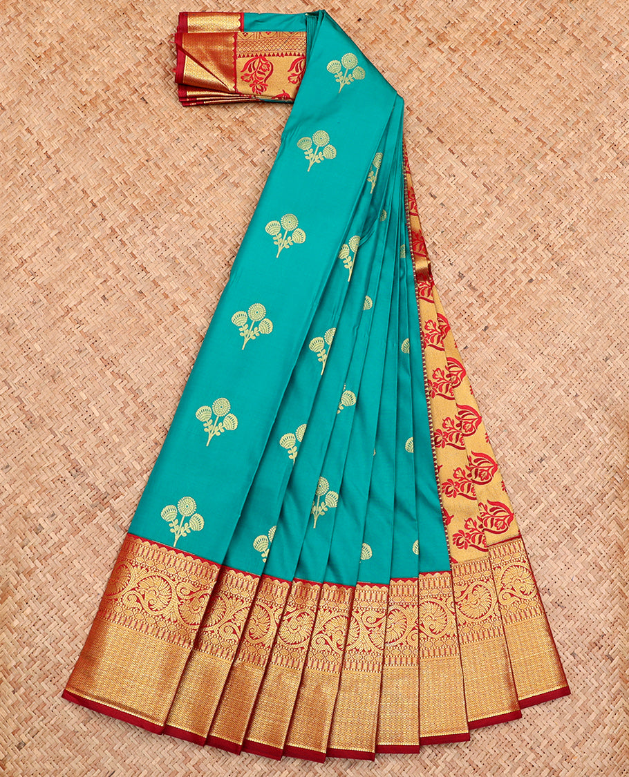 Green Budget Silk Saree, Decorated with Zari Buttas All Over Its Body, Complemented by a Contrast Traditional Zari Border of Floral Creeper Designs, Grand Pallu of Floral Designs, and Paired with a Contrast Blouse