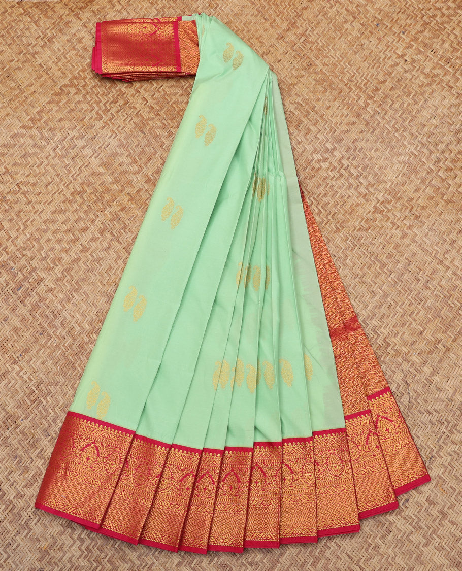 Green Budget Silk Saree, Delicately Woven with Zari Buttas, Complemented by a Contrast Traditional Border, Jaal Pallu, and a Contrast Blouse