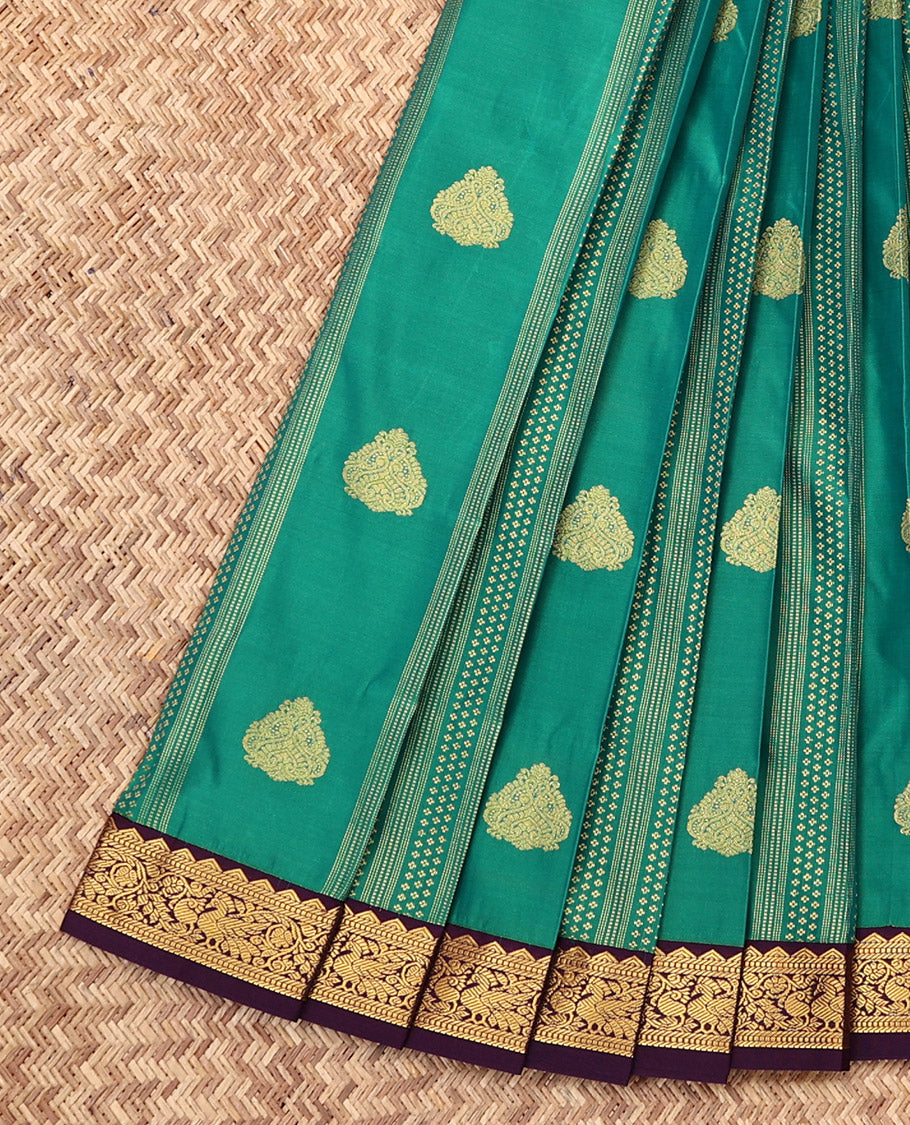 Green Budget Silk Saree, Finely Crafted with Zari Buttas and Stripes, Complemented by a Contrast Traditional Zari Border, Grand Pallu, and a Contrast Blouse
