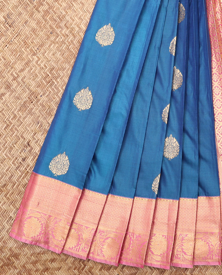 Blue Budget Silk Saree, Elevated with Zari Buttas, Complemented by a Contrast Traditional Zari Border, Jaal Pallu, and a Contrast Blouse