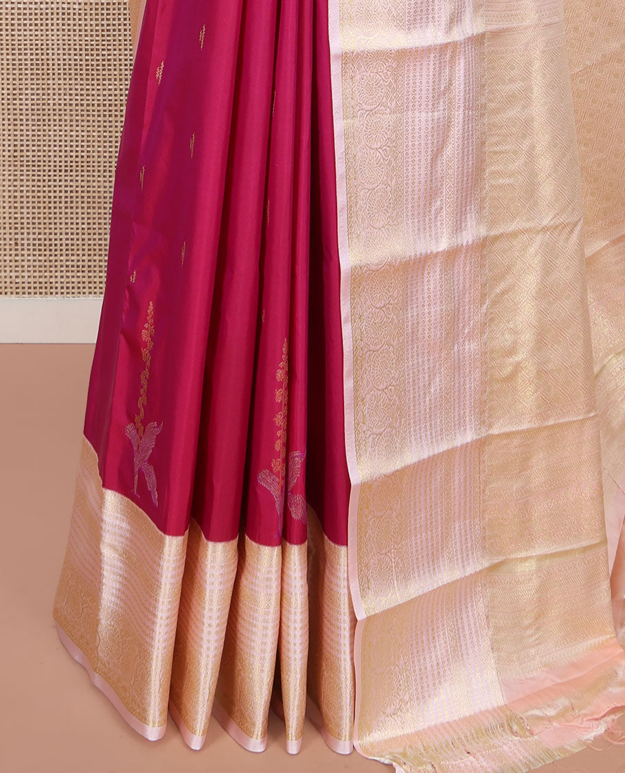 Pink Budget Silk Saree, Subtly Sparkled with Zari Buttas All Over Its Body, Complemented by a Contrast Traditional Zari Design Border, Grand Jaal Pallu, and Paired with a Contrast Blouse