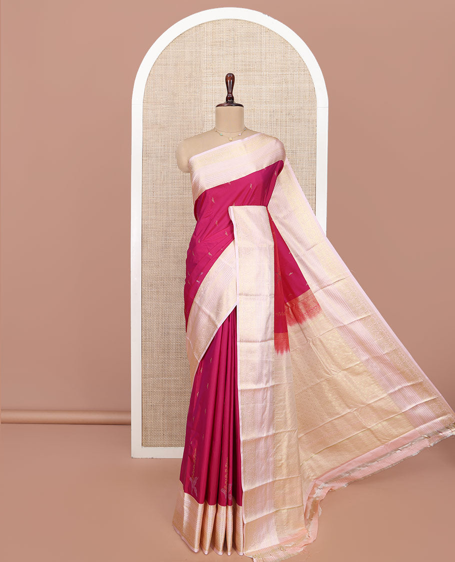 Pink Budget Silk Saree, Subtly Sparkled with Zari Buttas All Over Its Body, Complemented by a Contrast Traditional Zari Design Border, Grand Jaal Pallu, and Paired with a Contrast Blouse
