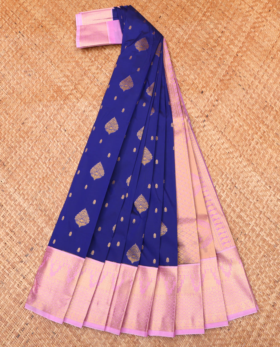 Blue Budget Silk Saree, Elevated with Zari Buttas All Over Its Body, Complemented by Contrast Traditional Zari Designs Woven Border, Grand Jaal Pallu and Paired with a Contrast Blouse