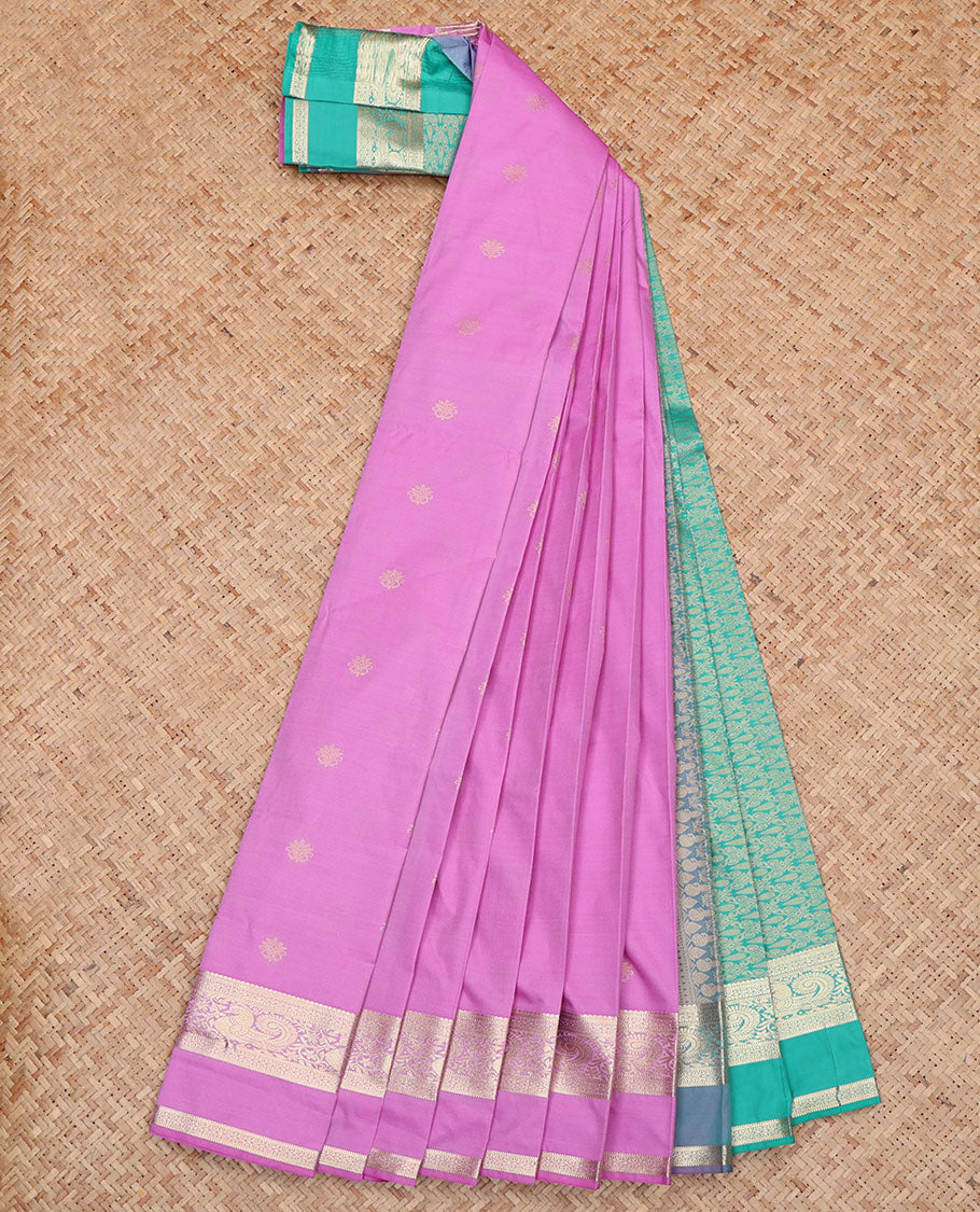 Pink Budget Silk Saree, Elevated with Zari Buttas All Over Its Body, Highlighted by a Traditional Zari Design Border of Peacocks, Captivating Contrast Pallu of Intricate Design, and Paired with a Contrast Blouse