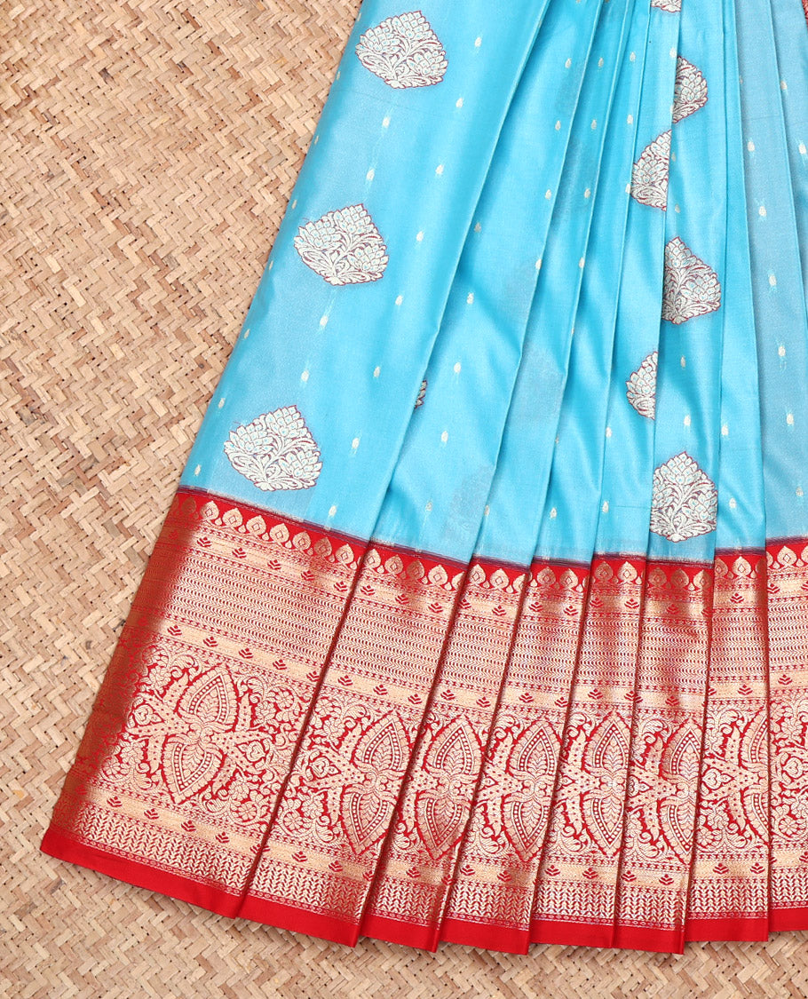 Blue Budget Silk Saree, Finely Crafted with Zari Buttas All Over Its Body, Complemented by a Contrast Traditional Zari Design Border, Grand Jaal Pallu, and Paired with a Contrast Blouse