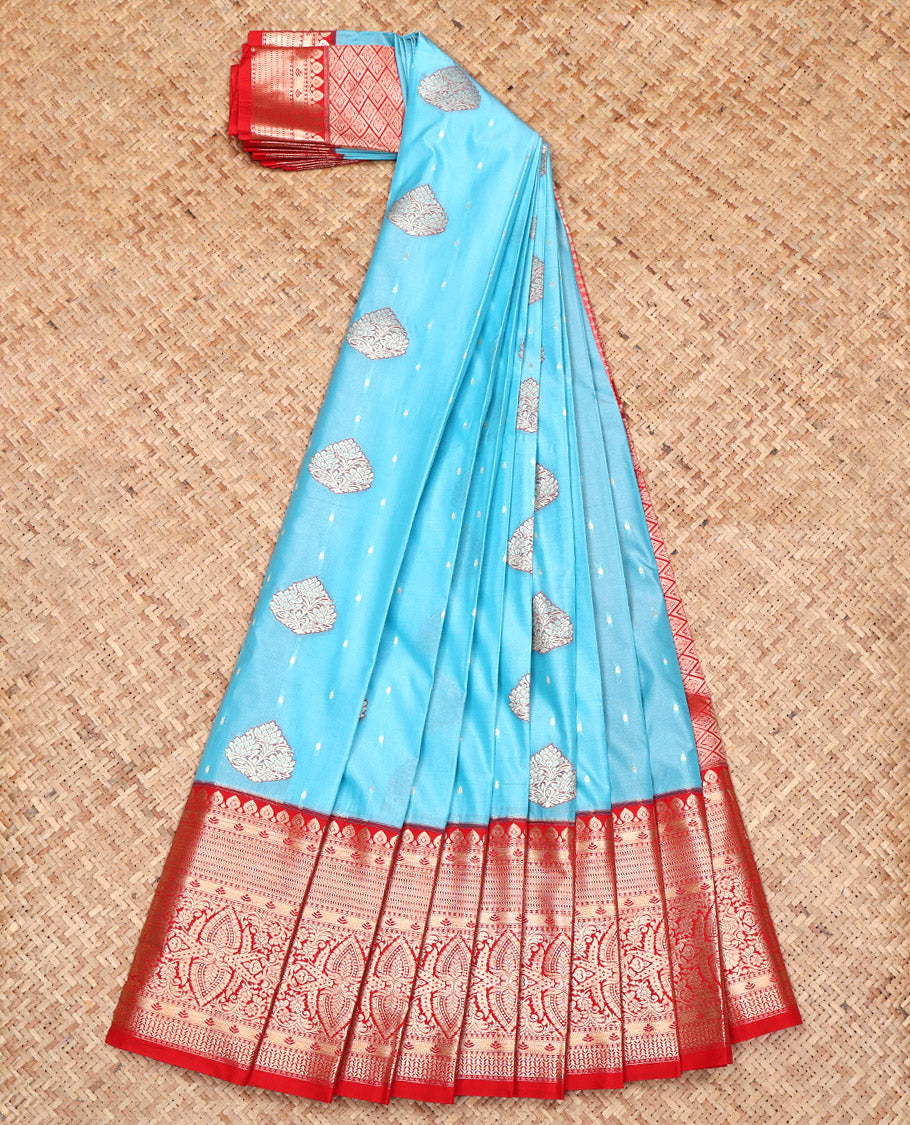 Blue Budget Silk Saree, Finely Crafted with Zari Buttas All Over Its Body, Complemented by a Contrast Traditional Zari Design Border, Grand Jaal Pallu, and Paired with a Contrast Blouse