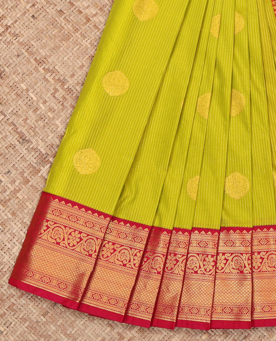 Green Budget Silk Saree, Gleamed Up with Zari Buttas and Stripes on Its Body, Complemented by a Contrast Traditional Zari Design Border, Pallu of Jaal Designs, and Paired with a Contrast Blouse