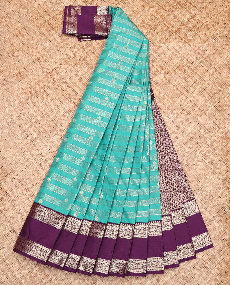 Rama Blue Budget Silk Saree, Woven with Zari Buttas and Stripes, Complemented by a Contrast Traditional Zari Design Rettai Pettu Border, Jaal Pallu, and a Contrast Blouse