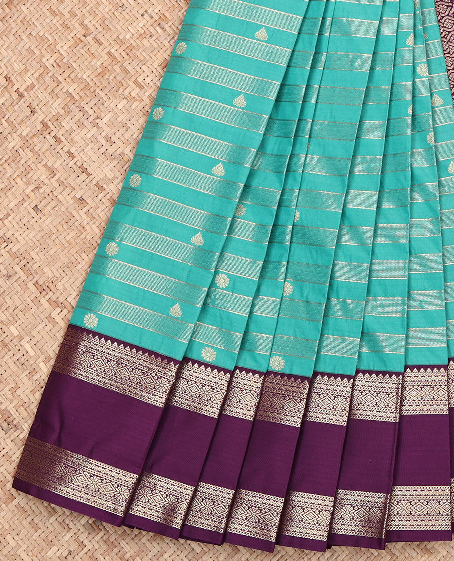 Rama Blue Budget Silk Saree, Woven with Zari Buttas and Stripes, Complemented by a Contrast Traditional Zari Design Rettai Pettu Border, Jaal Pallu, and a Contrast Blouse