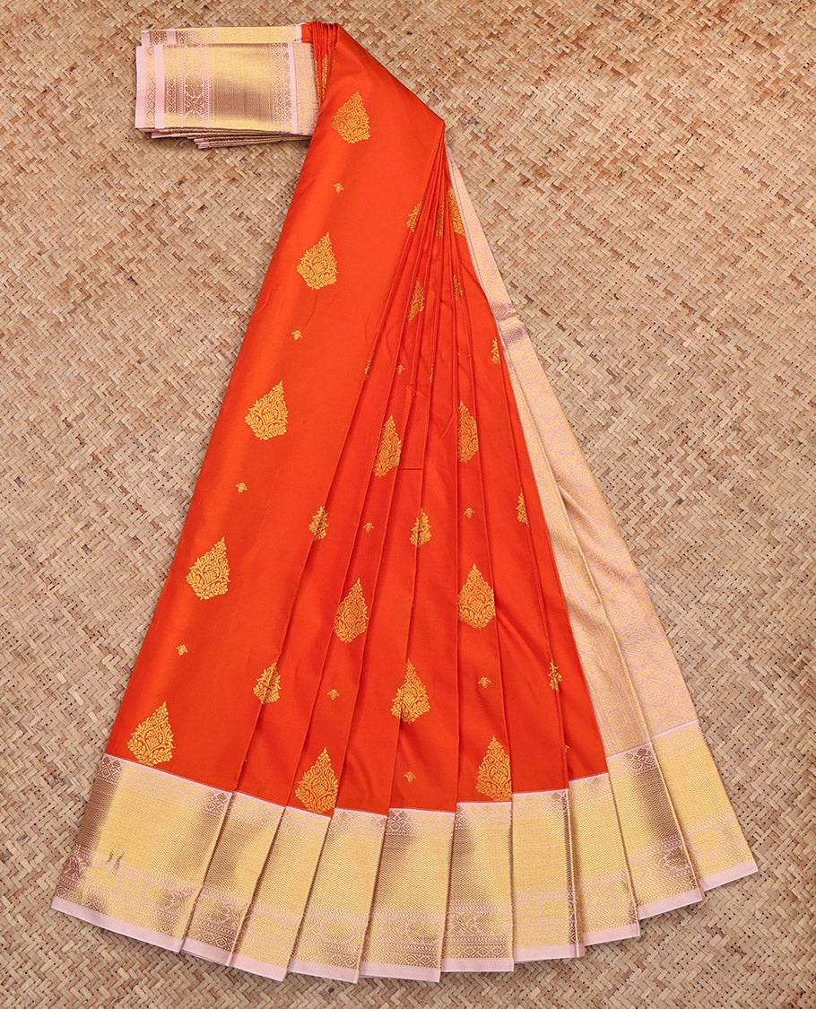 Orange Budget Silk Saree, Decked up with Zari Buttas, Complemented by Contrast Traditional Zari Border, Gleaming Zari Pallu and a Contrast Blouse