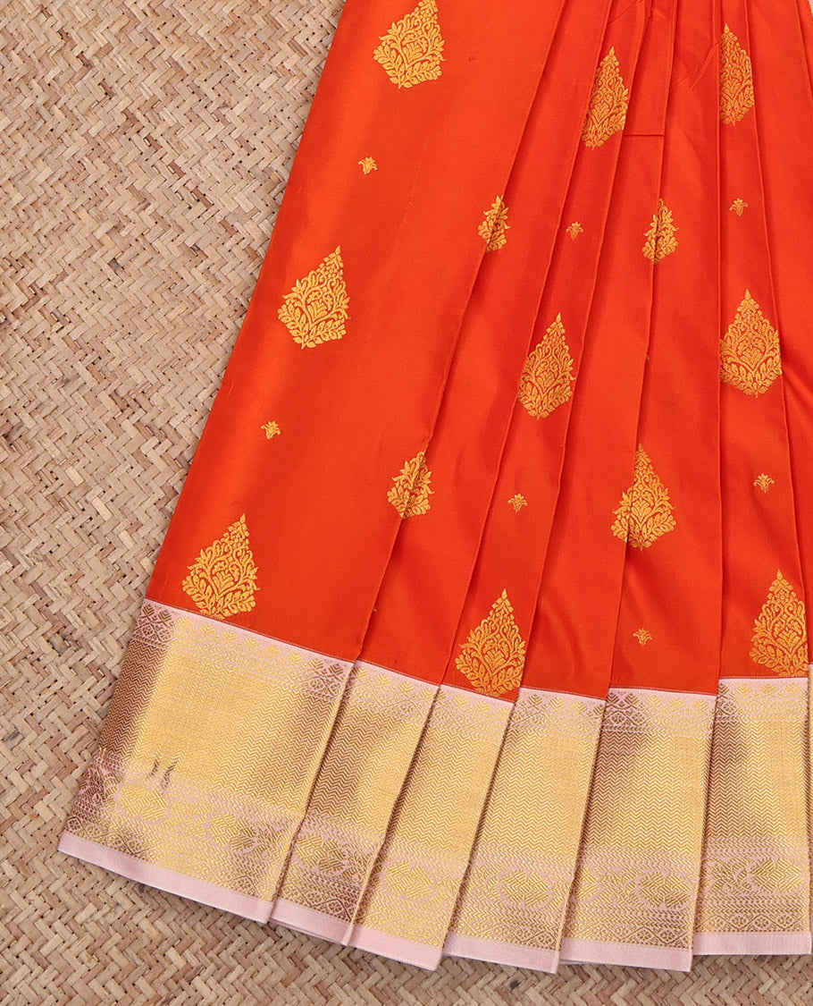 Orange Budget Silk Saree, Decked up with Zari Buttas, Complemented by Contrast Traditional Zari Border, Gleaming Zari Pallu and a Contrast Blouse