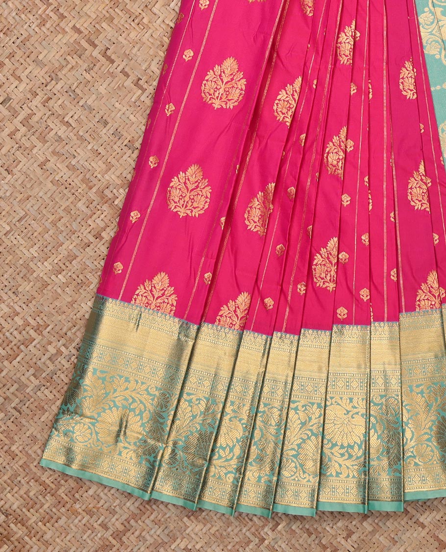 Pink Budget Silk Saree Features Zari Buttas and Stripes, Complemented by Contrast Traditional Zari Border, Grand Pallu and a Contrast Blouse