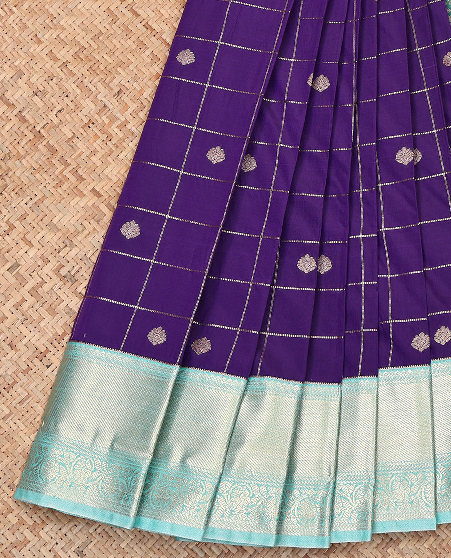 Violet Budget Silk Saree, Woven with Zari Butta Enclosed Checks, Contrast Tradittional Zari Border, Grand Pallu, and a Contrast Blouse