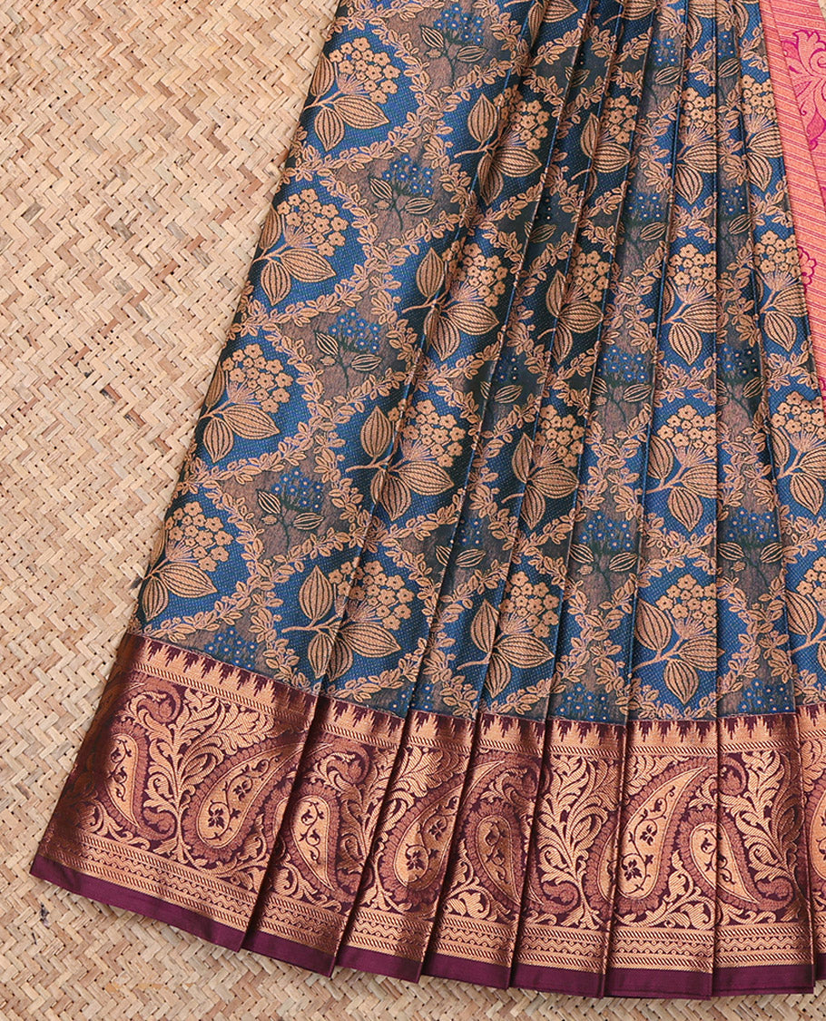 Blue Budget Silk Saree, Detailed with Floral Jacquard Design, Complemented by Contrast Paisley Zari Border, Grand Pallu and a Contrast Blouse